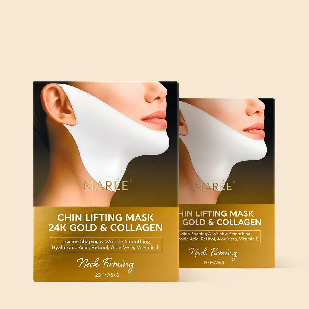 Set of 20 Maree 24K Gold V-Line Lifting Masks showing individual gold foil skincare masks on a white background.