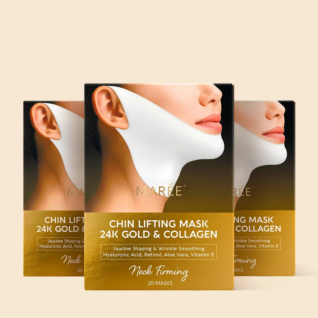 Set of 20 Maree 24K Gold V-Line Lifting Masks displayed in open packaging with individual sachets visible.