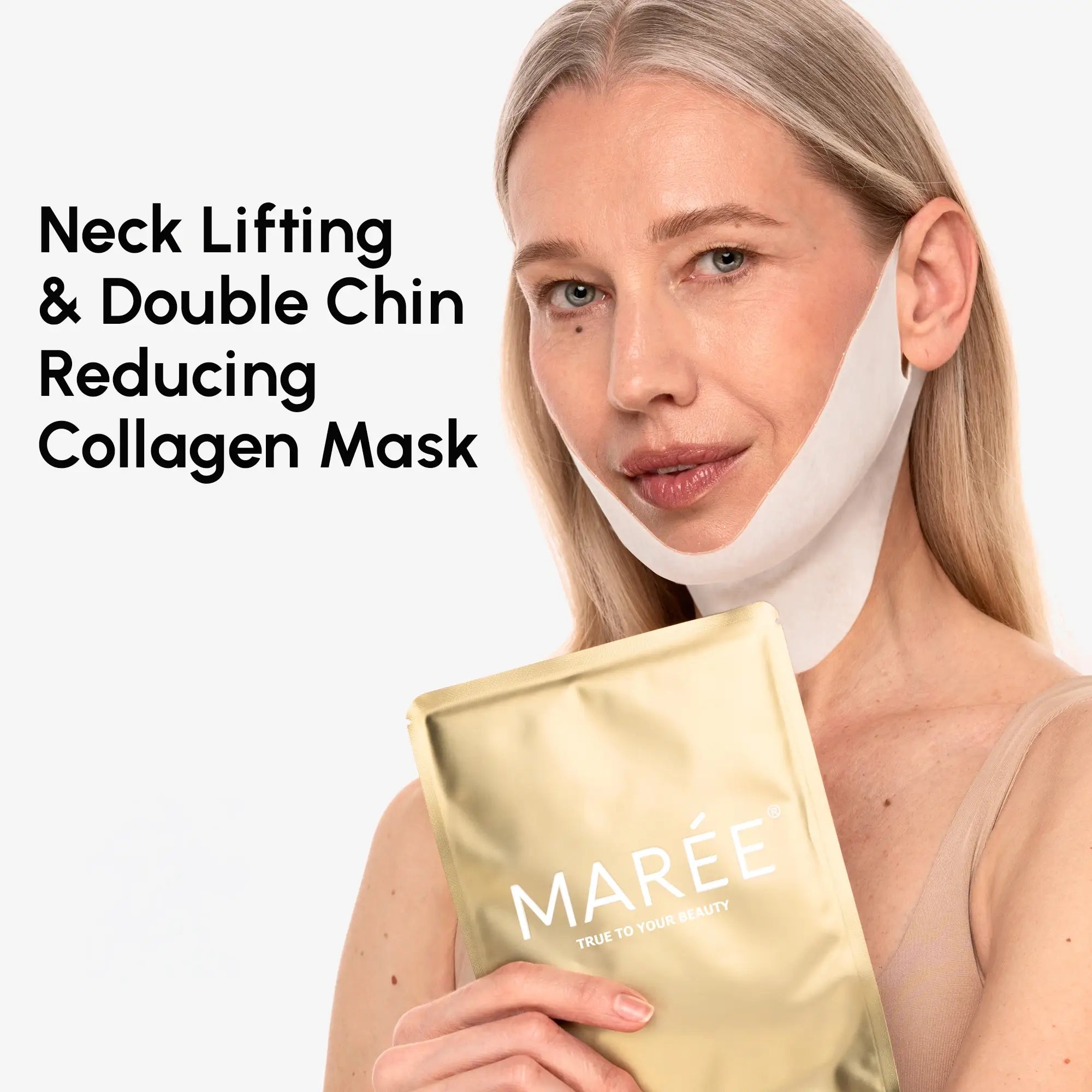 Maree 24K gold V-line lifting mask set with 20 individual masks for firming and lifting skin in a sleek package