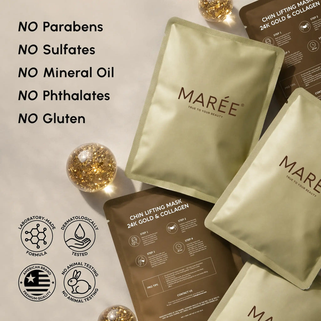 Close-up of Maree 24K Gold V-Line Lifting Mask packets, showcasing luxurious gold packaging and product details.