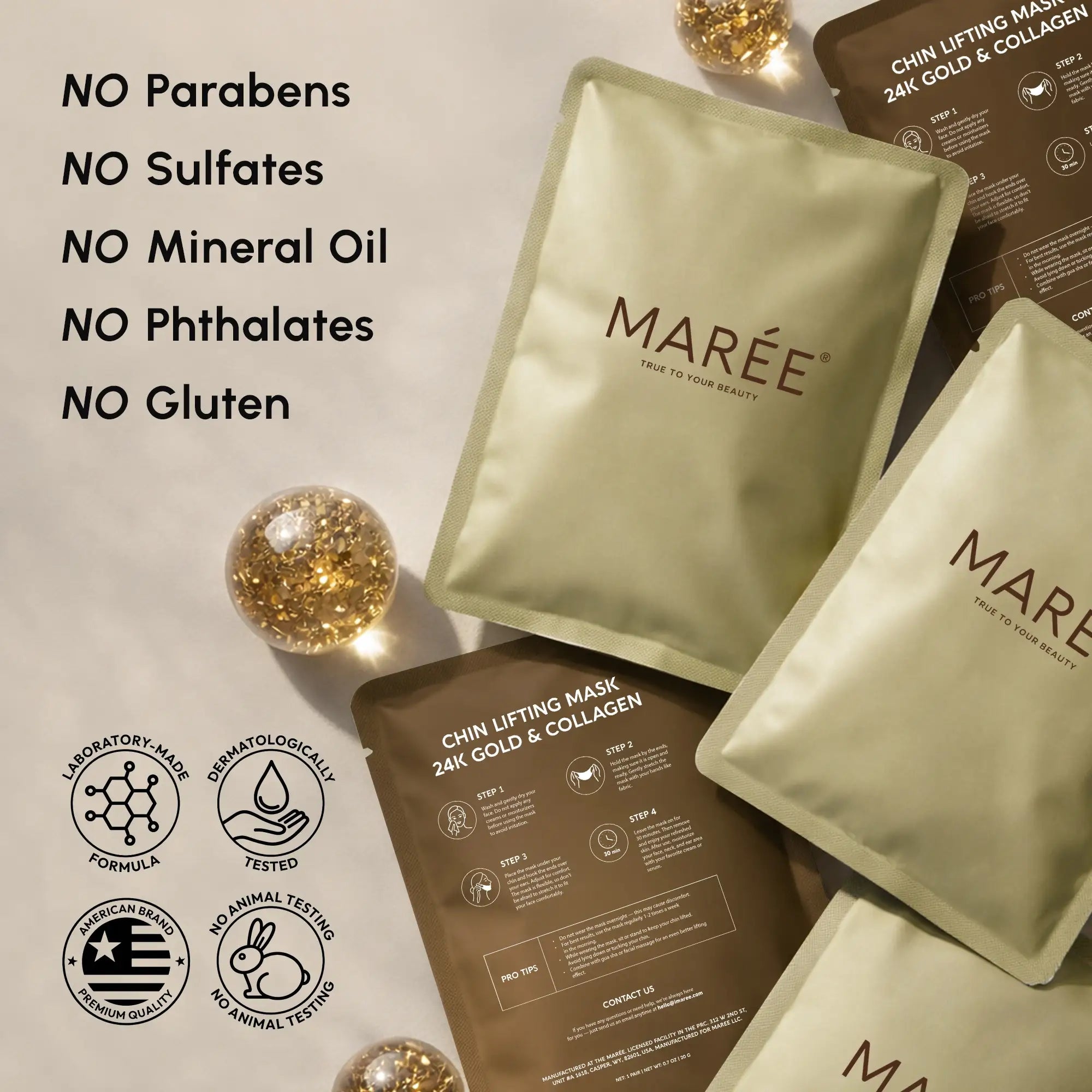 Close-up of Maree 24K Gold V-Line Lifting Mask packets, showcasing luxurious gold packaging and product details.