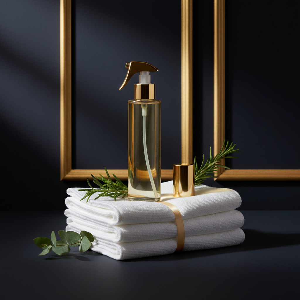 Residential cleaning service by Rainbow Rae A Luxe Supply Co, featuring a professional cleaner with cleaning supplies in a home.