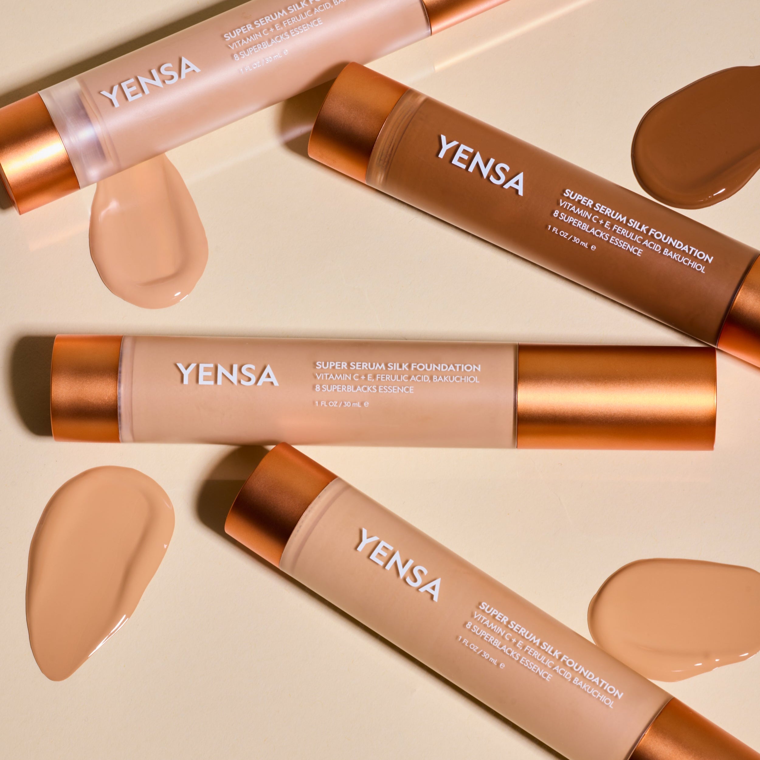YENSA Super Serum Silk Hydrating Foundation for radiant, glowing skin, featuring a smooth, natural finish.
