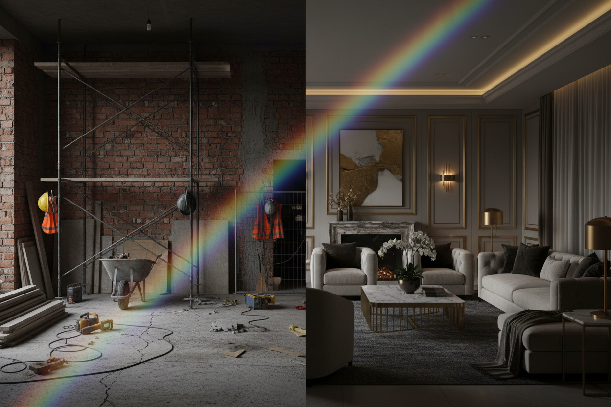Commercial cleaning service by Rainbow Rae A Luxe Supply Co, showing post-construction cleanup from messy site to move-in ready.