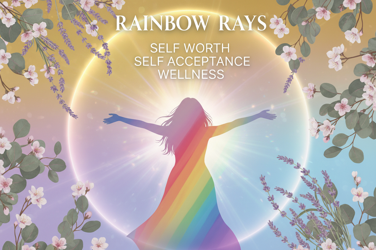 Image of Rainbow Rae's Home Sanctuary Wellness Course cover featuring rainbow rays and themes of self-worth and self-acceptance.